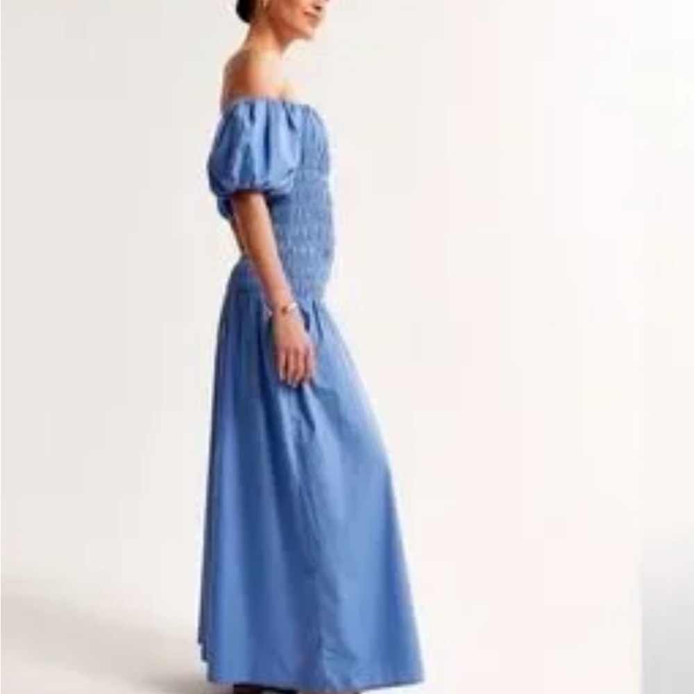Abercrombie & Fitch Blue Off-Shoulder Smocked Maxi Dress M Tall - Picture 2 of 7